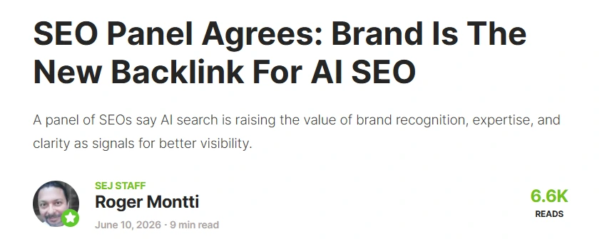 Screenshot of a news headline showing Brand is the New Backlink: Why Traditional SEO is a Rent Trap