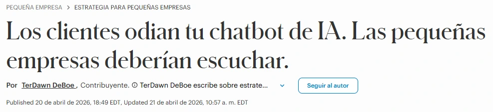 Captura de pantalla del titular del artículo de Forbes que prueba que el 79% de los clientes odian los chatbots de IA.