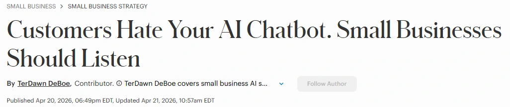 Screenshot of Forbes article headline proving 79% of customers hate AI chatbots