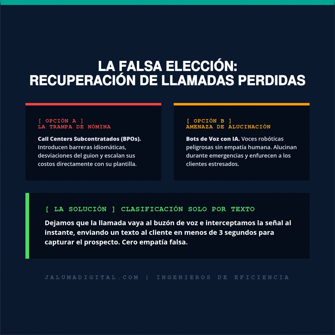 Un gráfico de comparación con formato de embudo dividido. La Opción A muestra los call centers subcontratados como una trampa de nómina. La Opción B muestra los bots de voz con IA como una amenaza de alucinación. La solución de JaLuMa Digital muestra la clasificación solo por texto como la solución mecánica.
