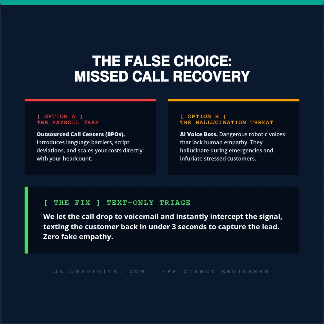 A threat comparison graphic. Option A shows outsourced call centers as a payroll trap. Option B shows AI voice bots as a hallucination threat. The JaLuMa Digital solution shows Text-Only Triage as the mechanical fix.