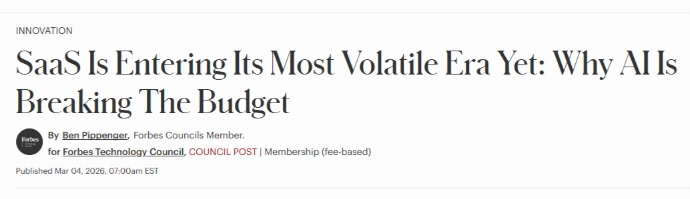 screenshot of a forbes tech council headline warning that saas is entering its most volatile era yet and explaining why overlapping software breaks business budgets.