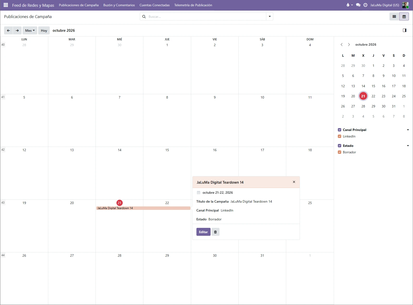 Captura de pantalla de la interfaz de calendario de arrastrar y soltar de JaLuMa Social v2.0 operando nativamente dentro de la base de datos Odoo 19, evitando el middleware proxy de terceros como GoHighLevel o Hootsuite.